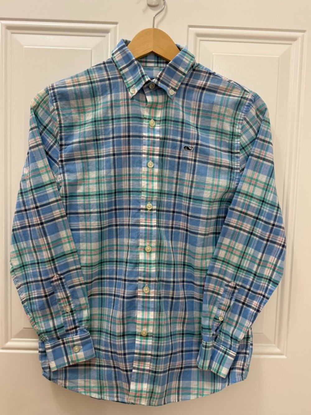 Vineyard Vines Boys Blue Plaid Whale Button-Down Shirt Size M (12-14) - Picture 2 of 6